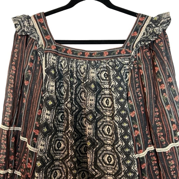Free People Mostly Meadow Boho Hippie Puff Sleeve Semi Sheer Lace & Fringe Top - Picture 8 of 16